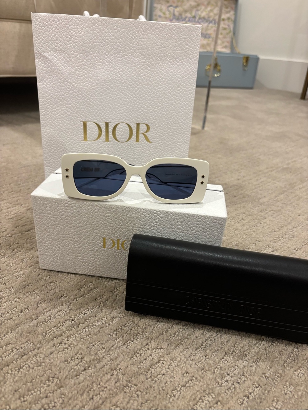 Dior White Frame Sunglasses with Dark Blue Lenses